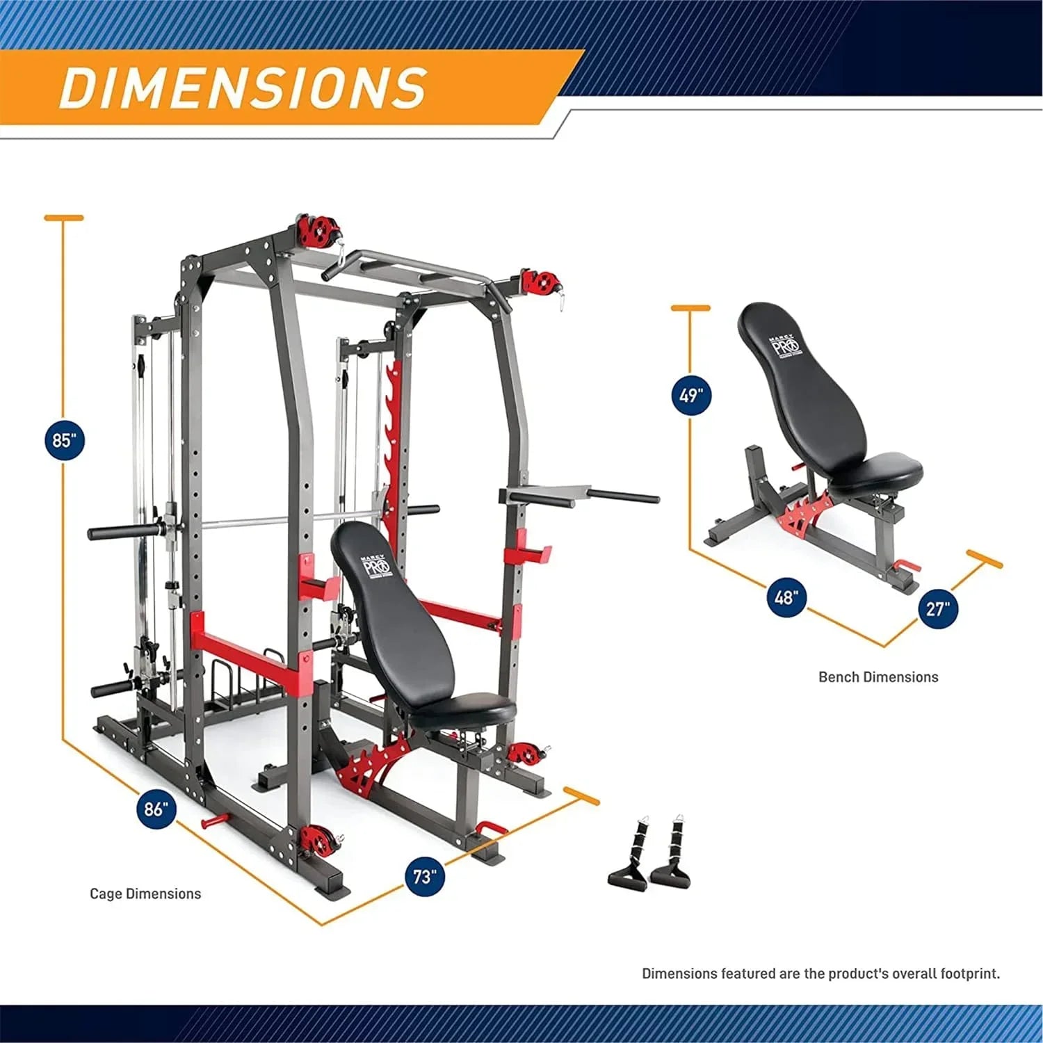 Home gym power rack with adjustable bench, showing detailed equipment dimensions.