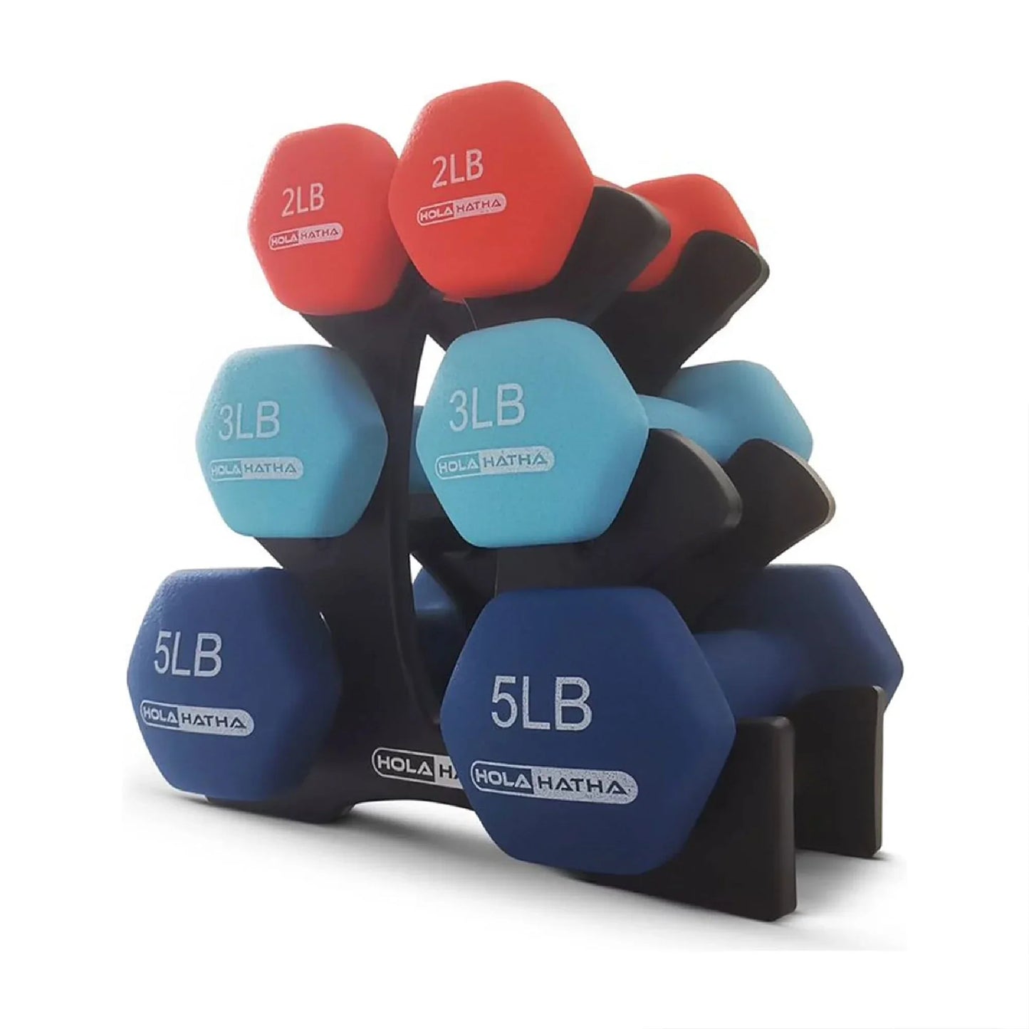 Set of hex dumbbells in 2lb, 3lb, and 5lb weights with rack, home gym equipment