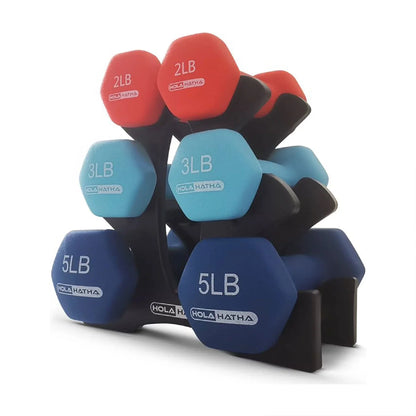 Set of hex dumbbells in 2lb, 3lb, and 5lb weights with rack, home gym equipment
