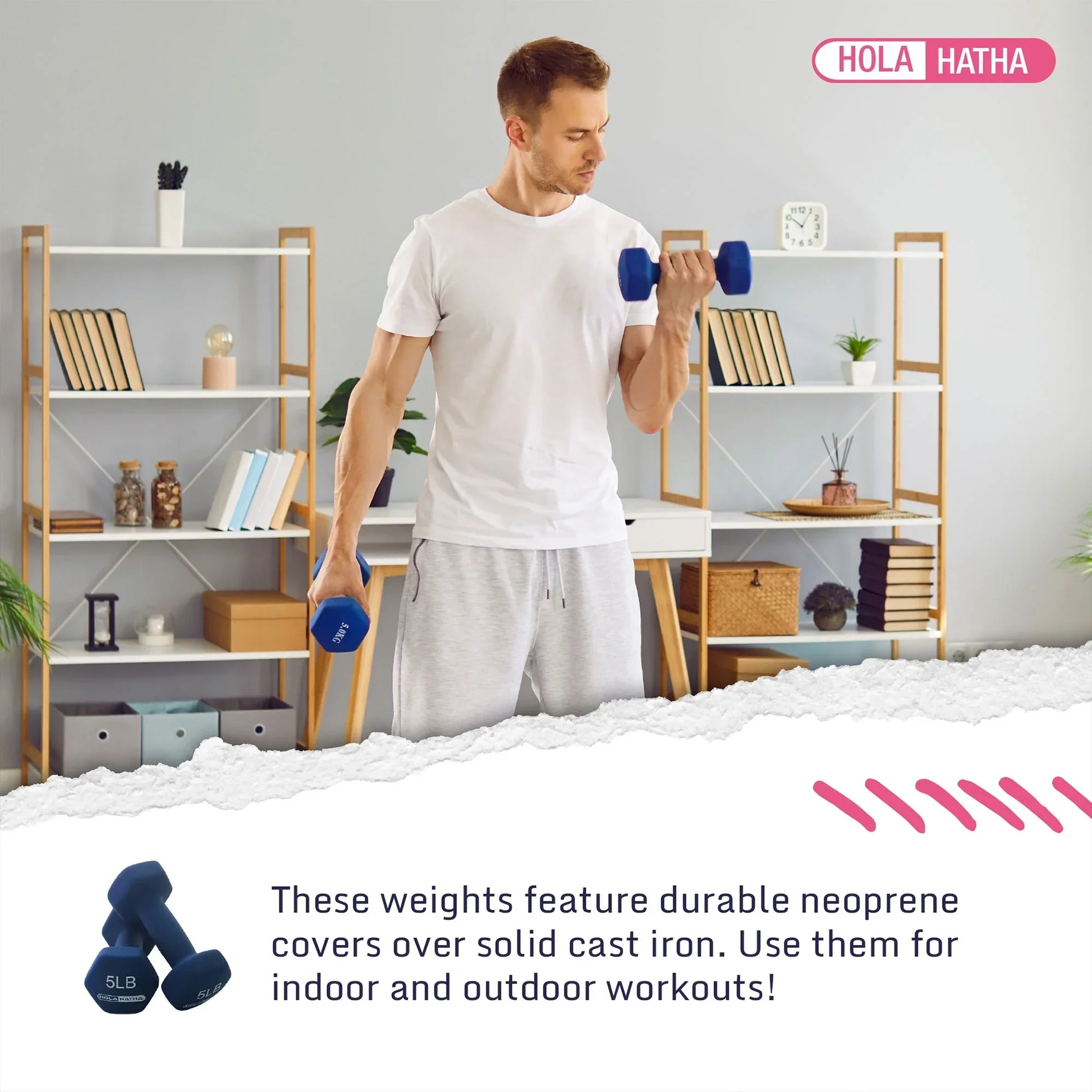 Man exercising with blue neoprene dumbbells at home, fitness workout gear, modern living room