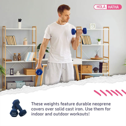Man exercising with blue neoprene dumbbells at home, fitness workout gear, modern living room