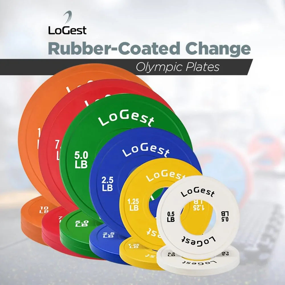 Colorful LoGest rubber-coated Olympic weight plates for home gym strength training