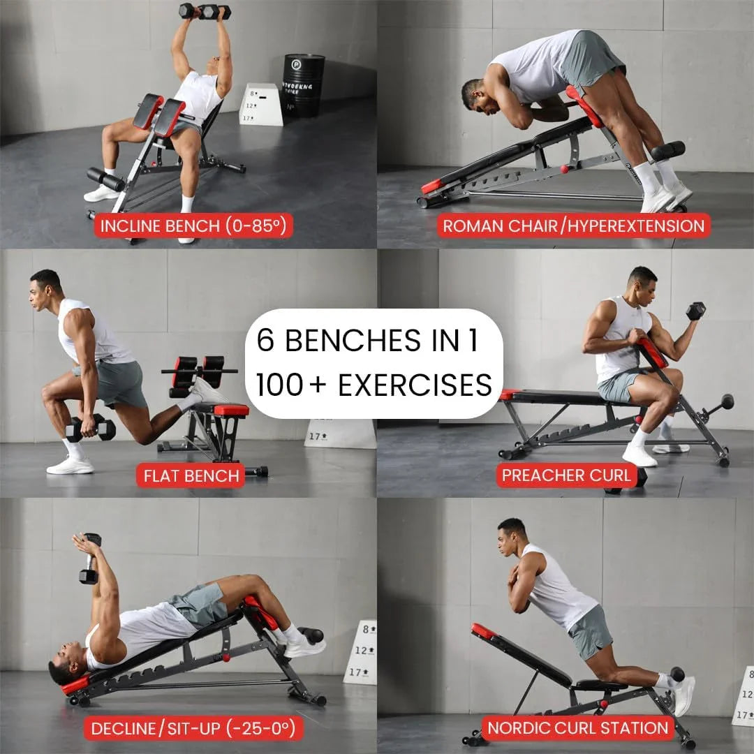 Adjustable workout bench with six configurations for strength training and home gym exercises.