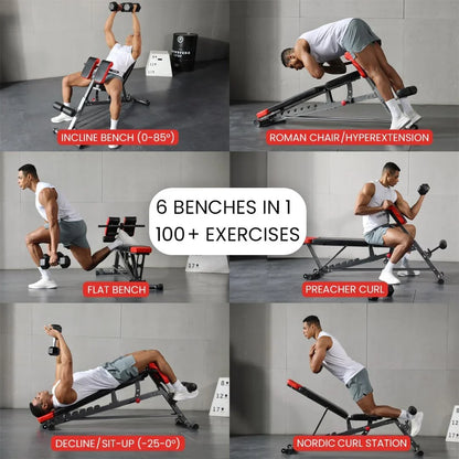 Adjustable workout bench with six configurations for strength training and home gym exercises.