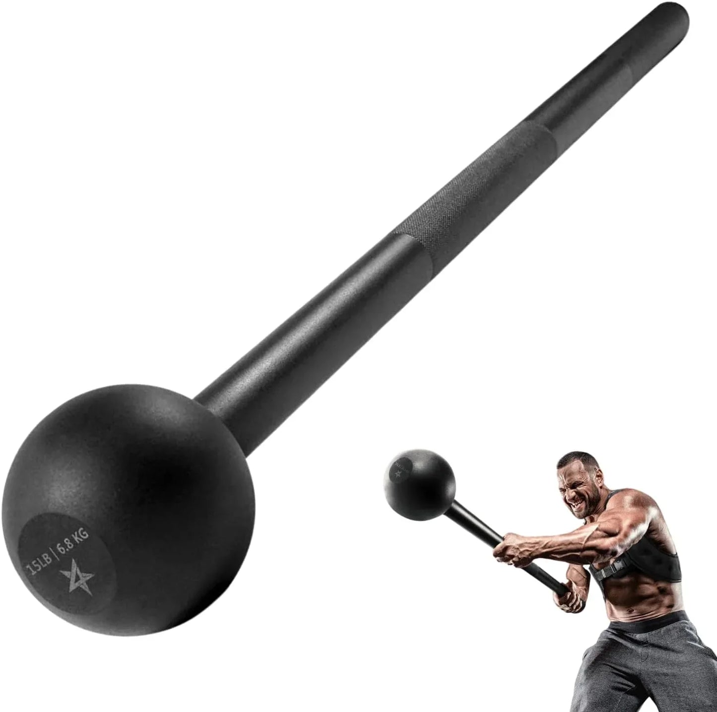 Man swinging steel mace, functional training equipment for home gym workouts