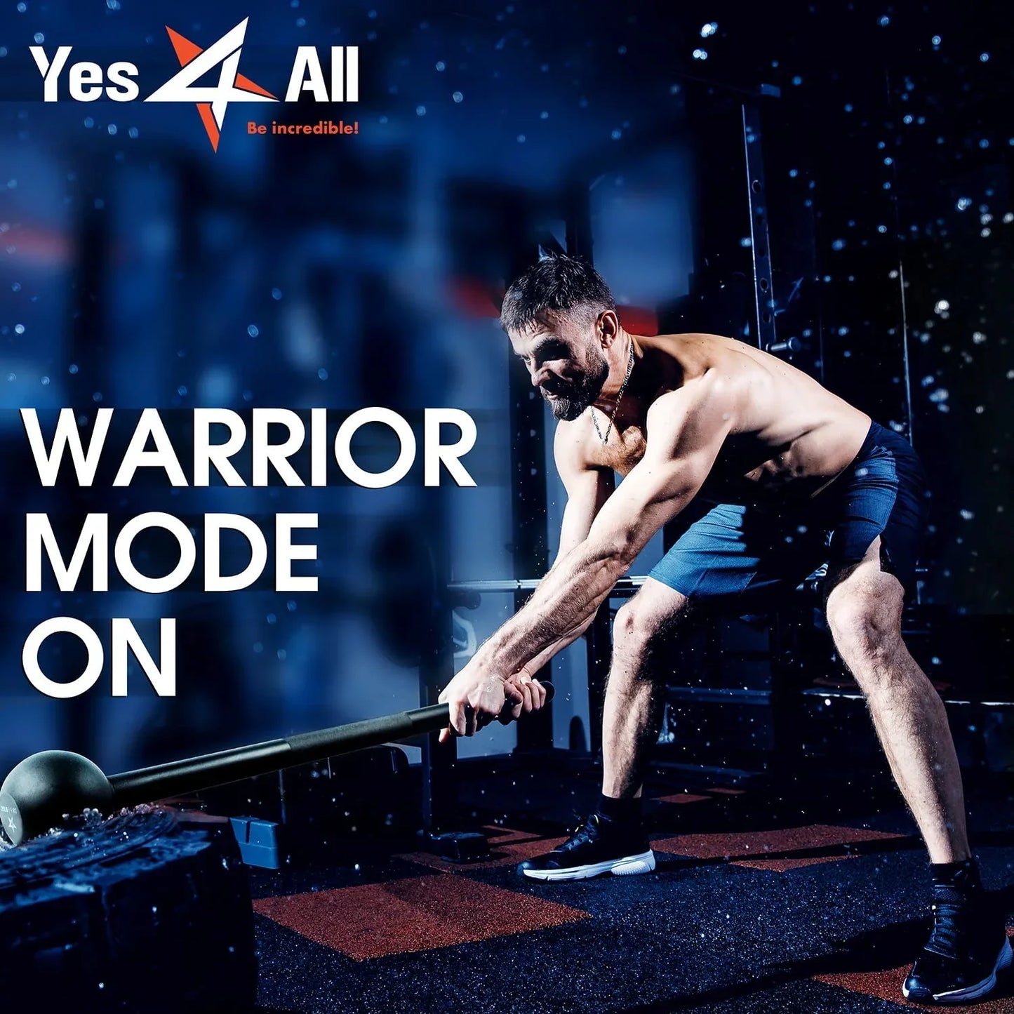 Shirtless man using steel mace for strength training in gym, fitness warrior workout mode