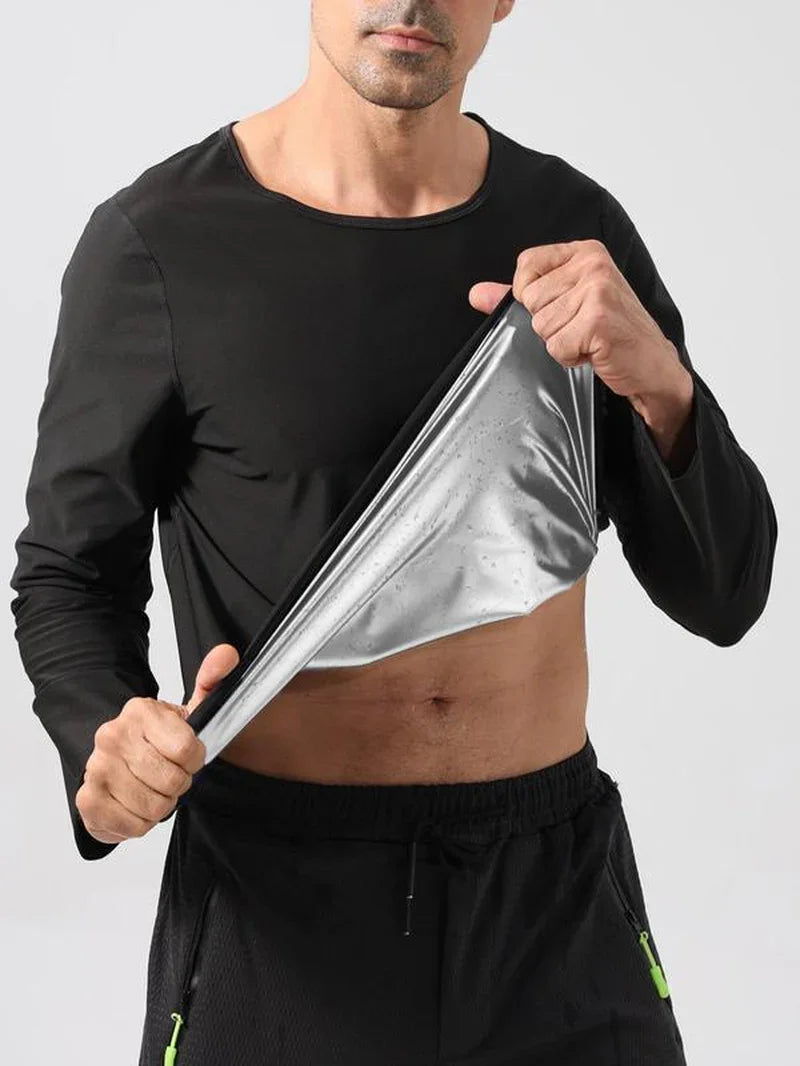 Man wearing black sweat-enhancing workout shirt, lifting top to reveal inner lining