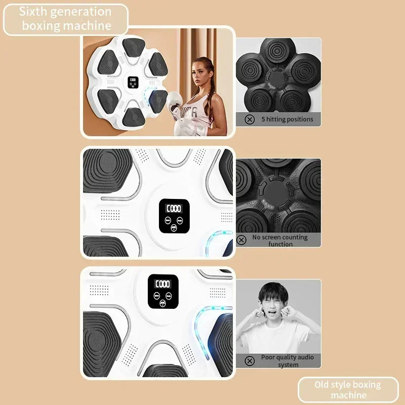 Sixth generation wall-mounted boxing machine with digital display, compared to older models lacking screen and audio features.