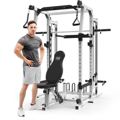 Man standing next to multifunctional home gym power rack with adjustable bench