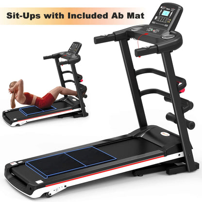 Multi-function treadmill with ab mat, woman doing sit-ups, home gym fitness equipment