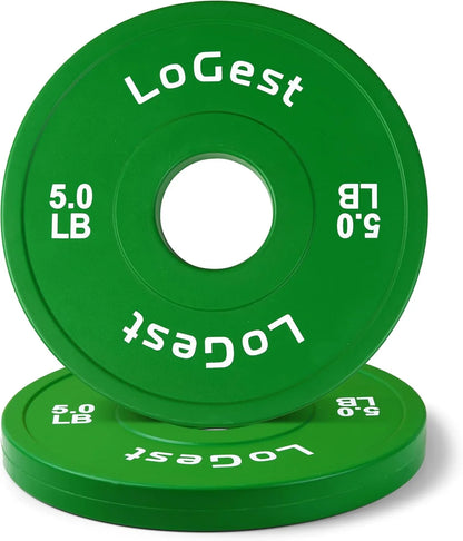 Green 5 lb weight plates for home gym strength training, labeled LoGest