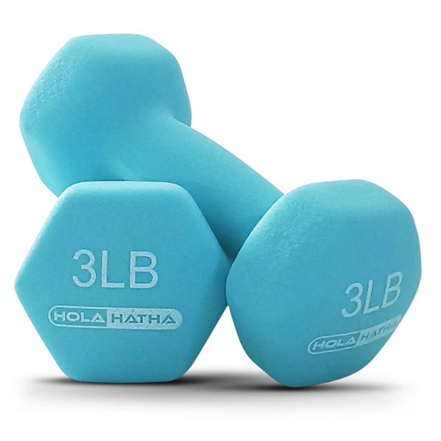 Pair of blue 3lb hex dumbbells, neoprene-coated, ideal for home gym workouts