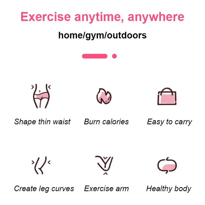 Fitness infographic showing exercise benefits like shaping waist, burning calories, easy to carry, and home gym use.