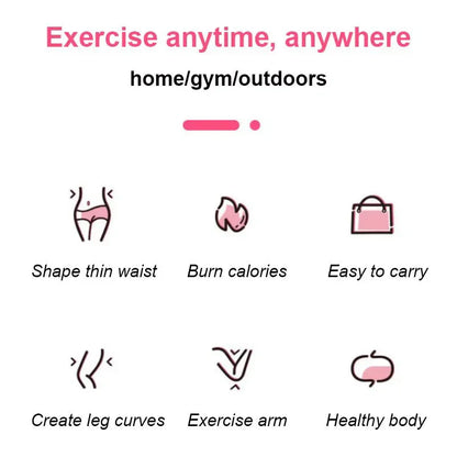 Fitness infographic showing exercise benefits like shaping waist, burning calories, easy to carry, and home gym use.