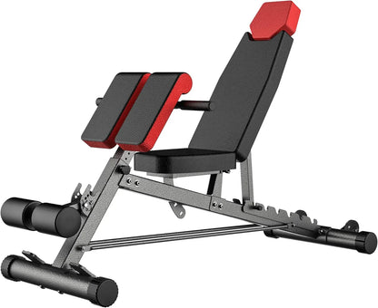 Adjustable workout bench with black and red padding for home gym strength training