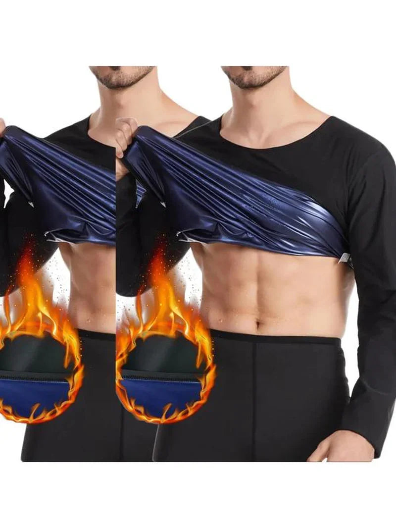Man wearing black athletic sauna shirt with thermal sweat effect, fire graphic emphasizes heat.