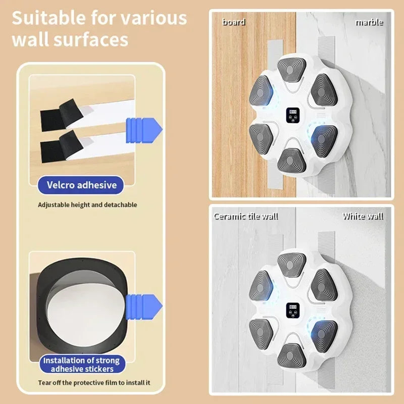 Adhesive fitness equipment mount options, compatible with wood, marble, tile, and white walls.