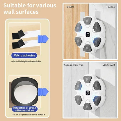 Adhesive fitness equipment mount options, compatible with wood, marble, tile, and white walls.