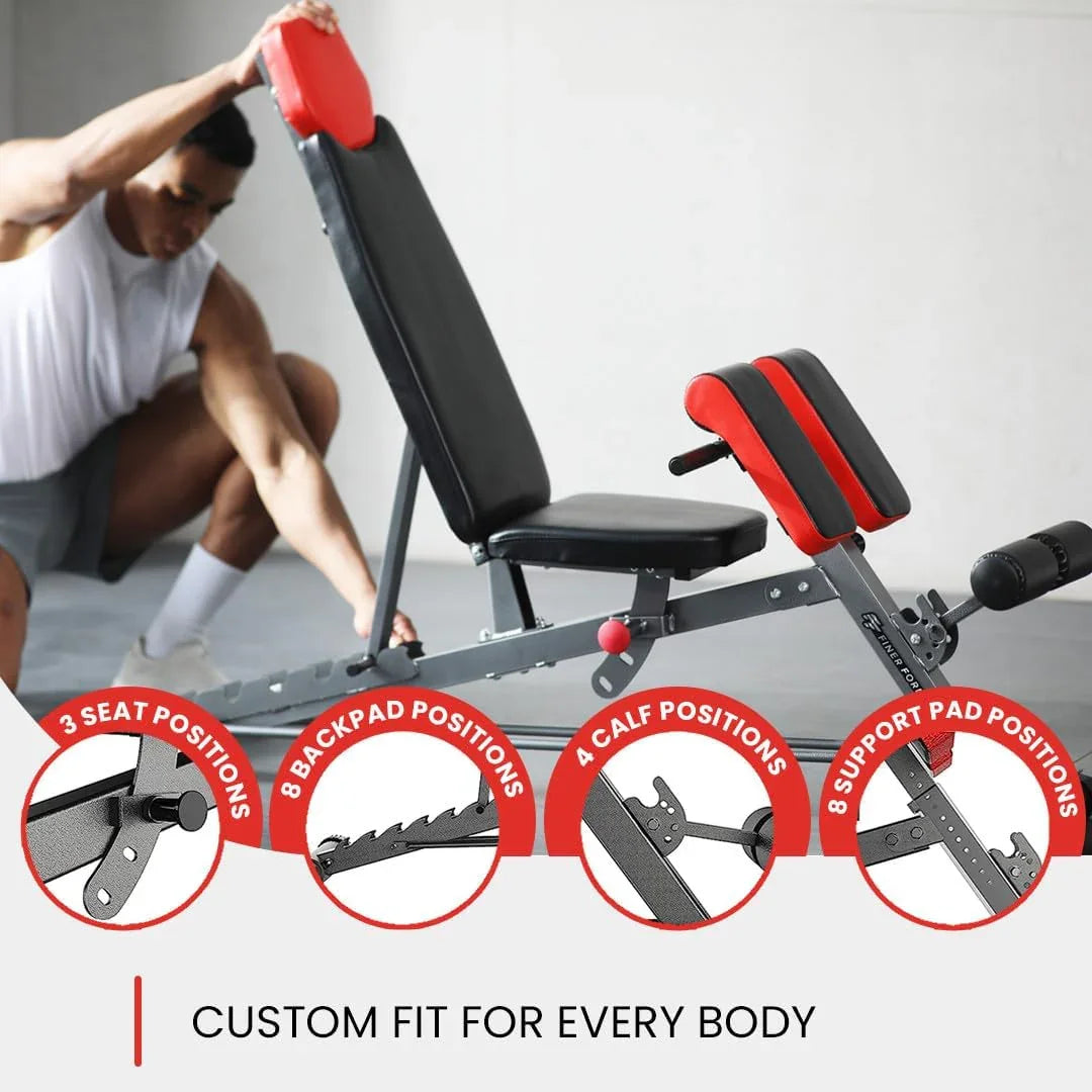 Adjustable weight bench with red and black padding, showing seat, backrest, calf, and support adjustments for home gym workout.
