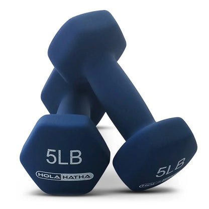 Pair of blue 5 lb hex dumbbells, fitness workout weights on white background