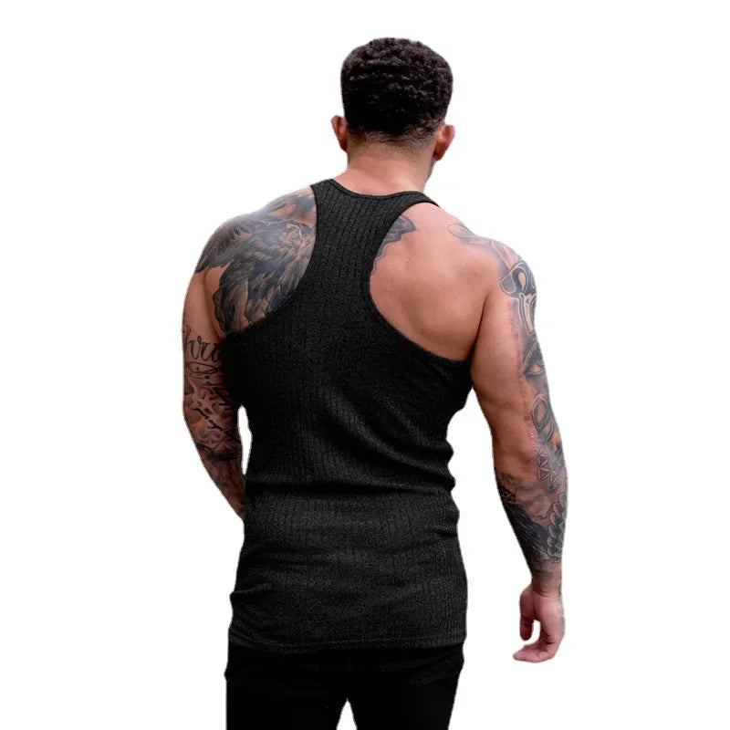 Gym Bodybuilding Fitness Slim Fit Tank Tops Mens Workout Muscle Sleeveless Shirt Fashion Vertical Stripe Knitted Quick Dry Vests
