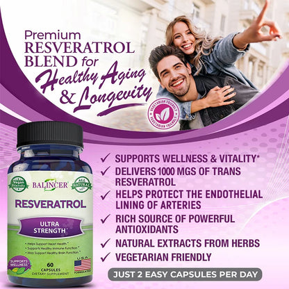 Resveratrol Supplements - Supports Cellular Health, Promotes Skin Radiance,Anti-aging,120 Capsules