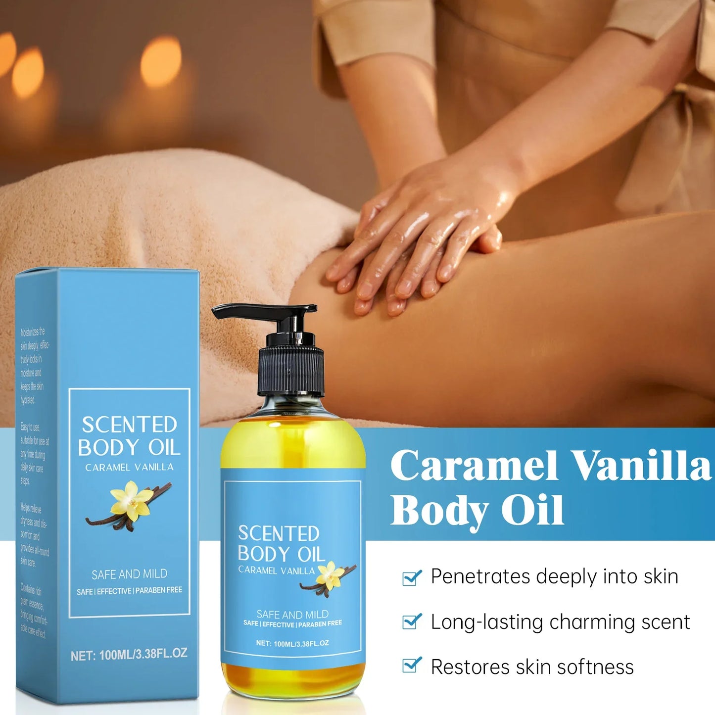 Stress Relief Vanilla Massage Oil - Deeply moisturizes, soothes muscles & promotes relaxation. Herbal bath & body care formula.