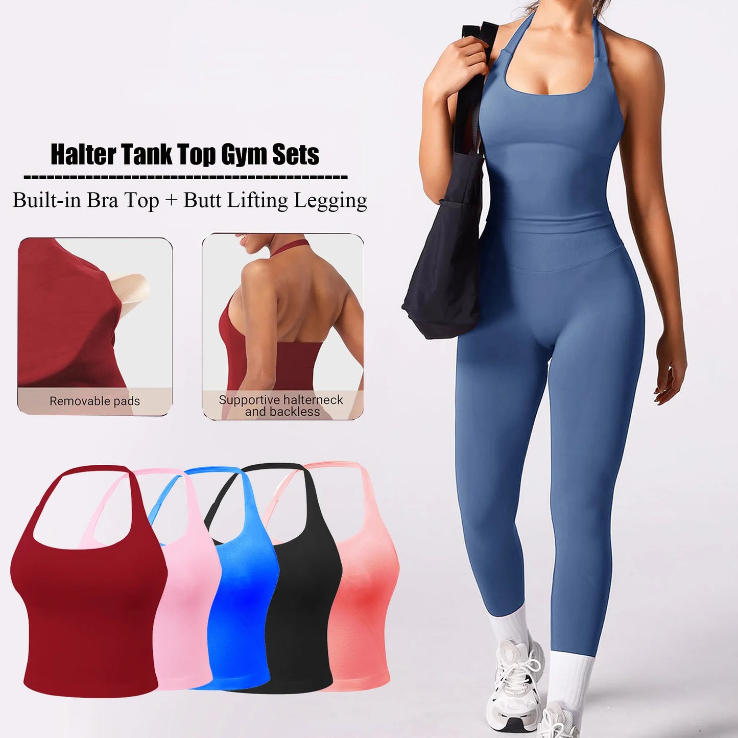 Workout Sets for Women 2 Pieces, Women's Impact Halter Tank Top+ Hidden Scrunch Butt Workout Leggings, Women Seamless
