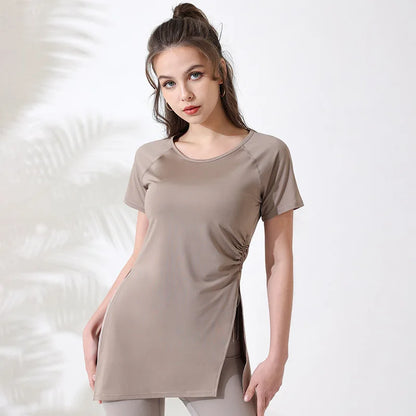Women Workout Shirts Short Sleeve Yoga Top Gym Long Shirts Side Drawstring Split Sports Top Female Breathable Fitness Yoga Wear