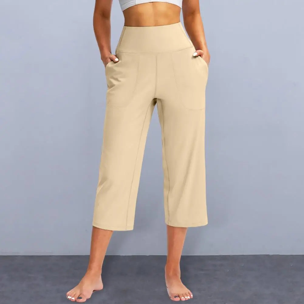 Women Elastic High Waist 3/4 Pant Casual Active Fit Wide Capris Leg Pants Trousers With Pockets Pants for Women Women’s Pants