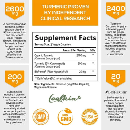 Curcumin Supplement with Black Pepper 2600 Mg Contains 95% Curcumin, Enhanced Absorption, Joint Support Supplement
