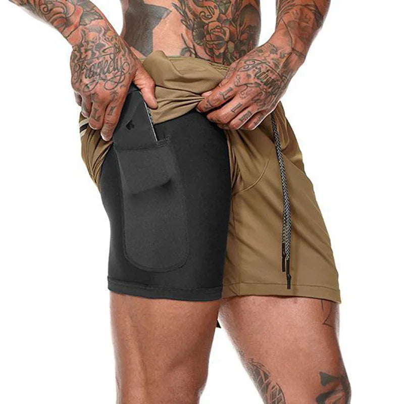 Men's Fitness Shorts Fashion Breathable 2 In 1 Double-deck Quick Dry Gyms Jogging Workout Slim Fit Sports Shorts Sportswear
