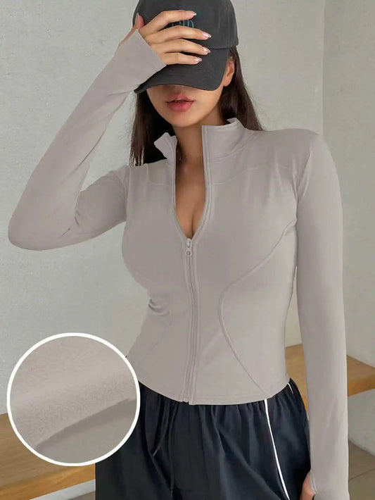 Outdoor Sports Long Sleeved Women Slim Yoga Clothes Quick Dry Zipper Cardigan Stand Up Collar Jacket Running Fitness Jacket Top