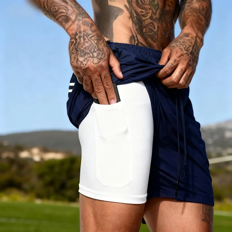 Men's Fitness Shorts Fashion Breathable 2 In 1 Double-deck Quick Dry Gyms Jogging Workout Slim Fit Sports Shorts Sportswear