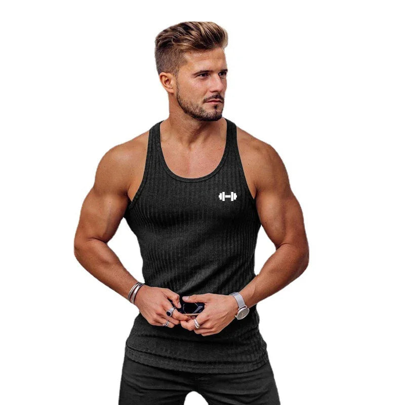 Gym Bodybuilding Fitness Slim Fit Tank Tops Mens Workout Muscle Sleeveless Shirt Fashion Vertical Stripe Knitted Quick Dry Vests