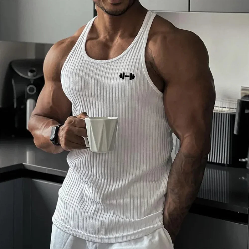 Gym Bodybuilding Fitness Slim Fit Tank Tops Mens Workout Muscle Sleeveless Shirt Fashion Vertical Stripe Knitted Quick Dry Vests