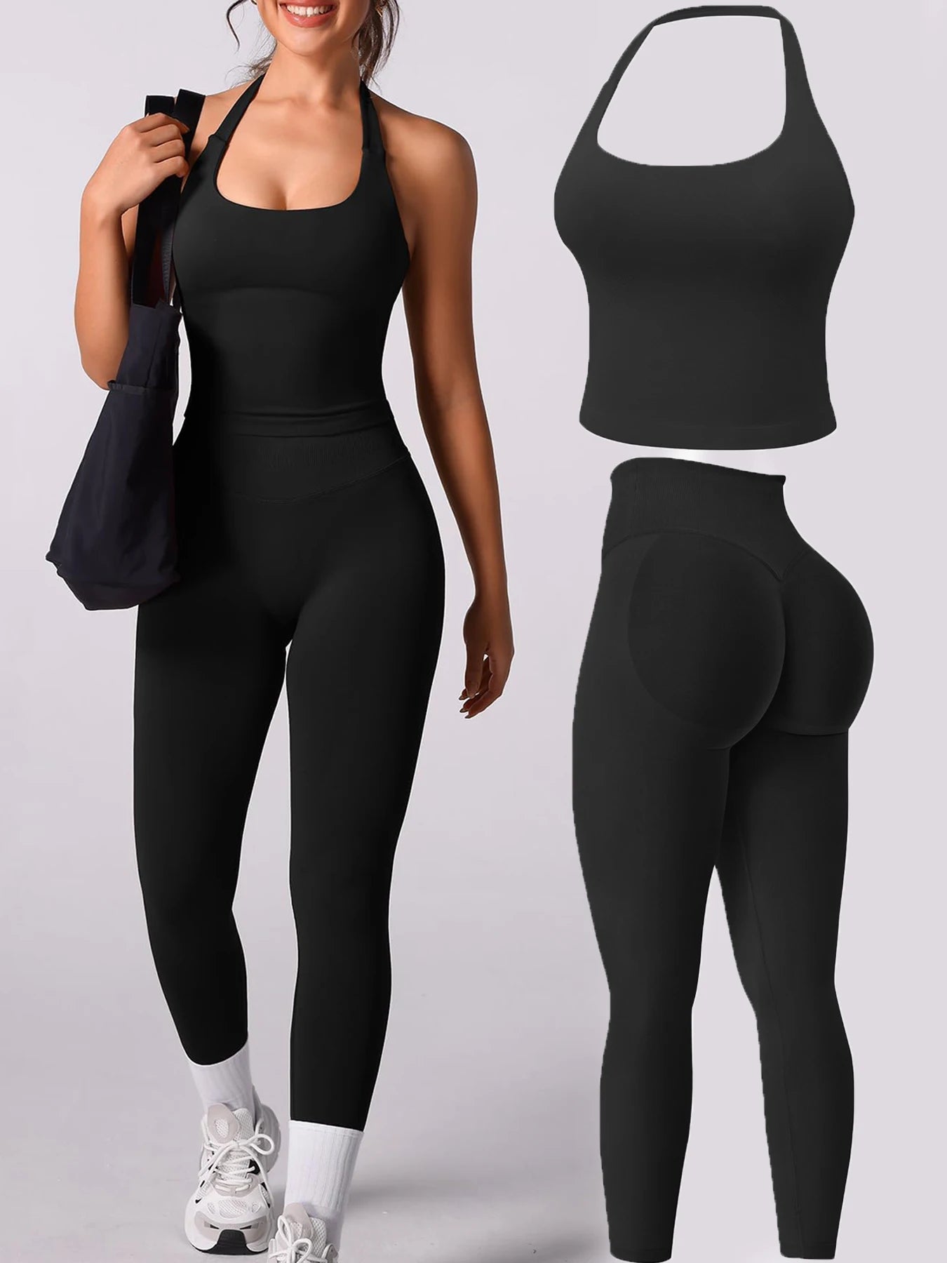 Workout Sets for Women 2 Pieces, Women's Impact Halter Tank Top+ Hidden Scrunch Butt Workout Leggings, Women Seamless