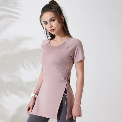 Women Workout Shirts Short Sleeve Yoga Top Gym Long Shirts Side Drawstring Split Sports Top Female Breathable Fitness Yoga Wear