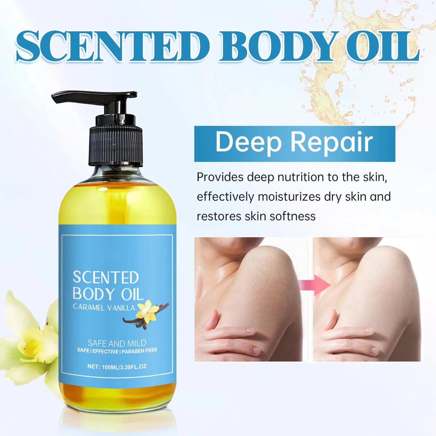 Stress Relief Vanilla Massage Oil - Deeply moisturizes, soothes muscles & promotes relaxation. Herbal bath & body care formula.