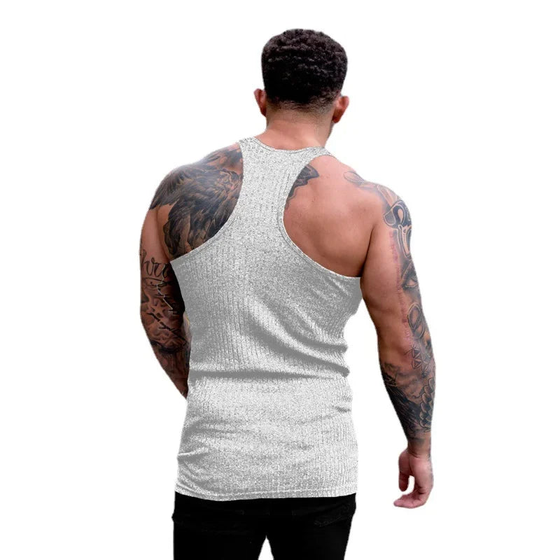 Gym Bodybuilding Fitness Slim Fit Tank Tops Mens Workout Muscle Sleeveless Shirt Fashion Vertical Stripe Knitted Quick Dry Vests