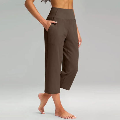 Women Elastic High Waist 3/4 Pant Casual Active Fit Wide Capris Leg Pants Trousers With Pockets Pants for Women Women’s Pants