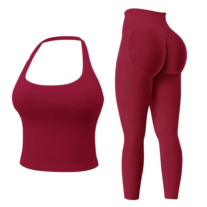 Workout Sets for Women 2 Pieces, Women's Impact Halter Tank Top+ Hidden Scrunch Butt Workout Leggings, Women Seamless