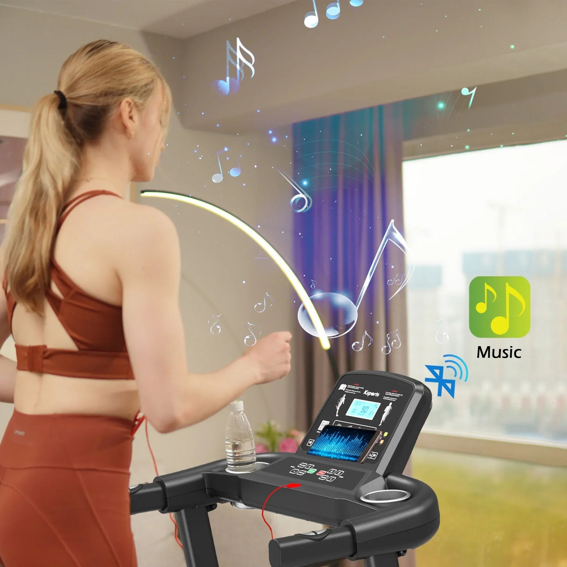 Woman running on treadmill in home gym with music and Bluetooth features highlighted