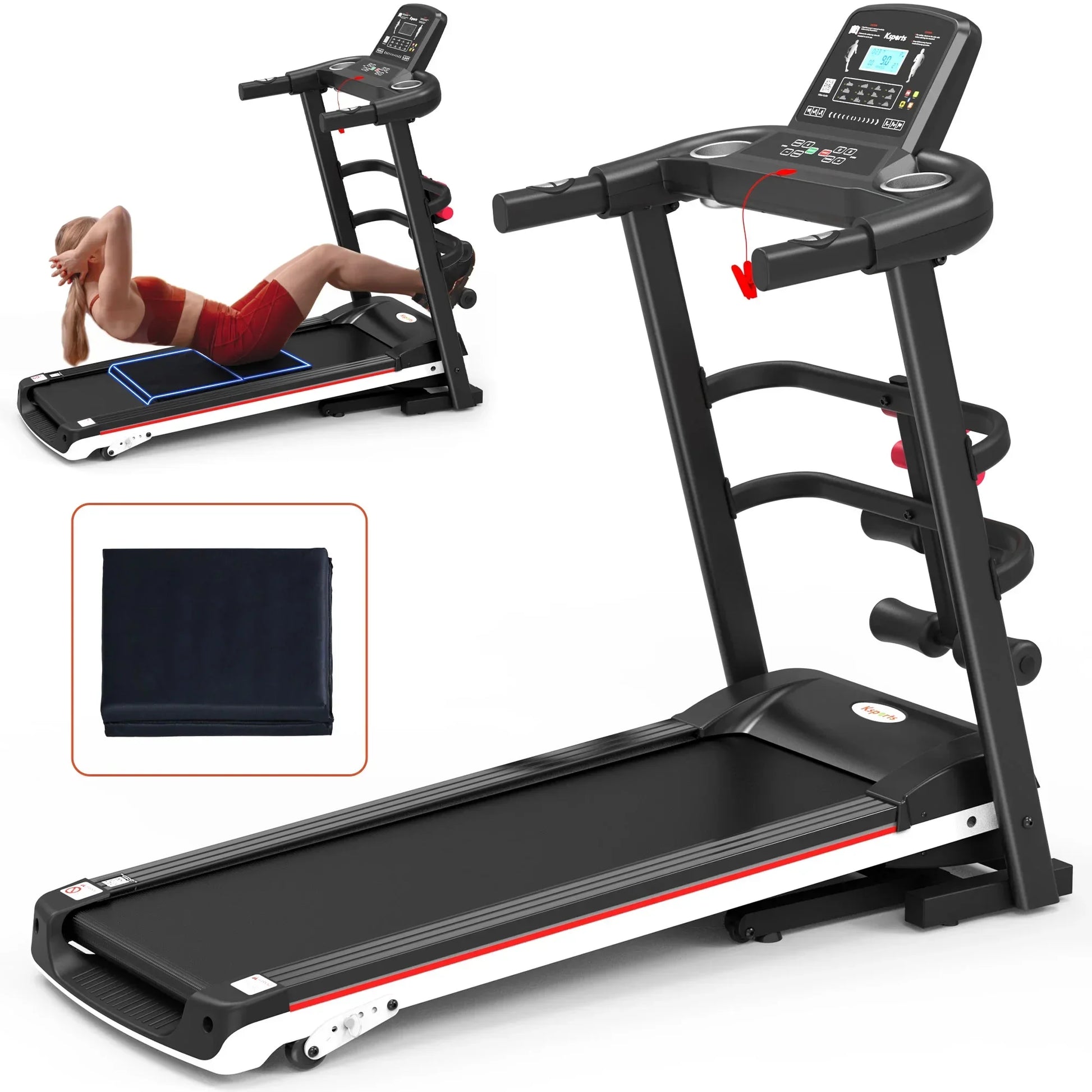 Foldable treadmill with digital display shown for home gym workouts, includes accessory mat