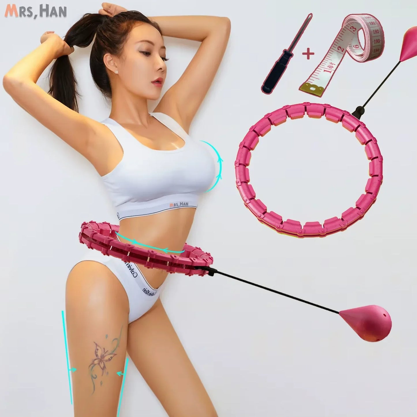 Woman in athletic wear using a pink smart weighted hula hoop for fitness, with measuring tape and screwdriver shown.