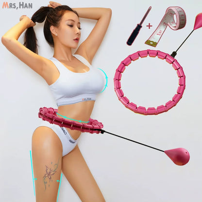 Woman in athletic wear using a pink smart weighted hula hoop for fitness, with measuring tape and screwdriver shown.