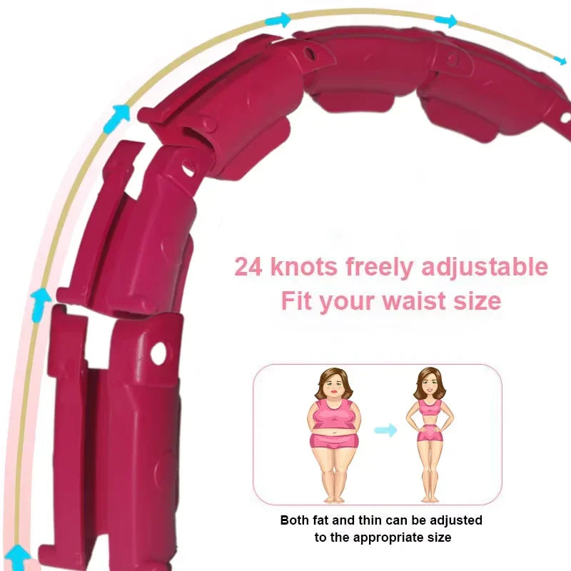 Adjustable pink weighted hula hoop with 24 detachable knots, suitable for all waist sizes.