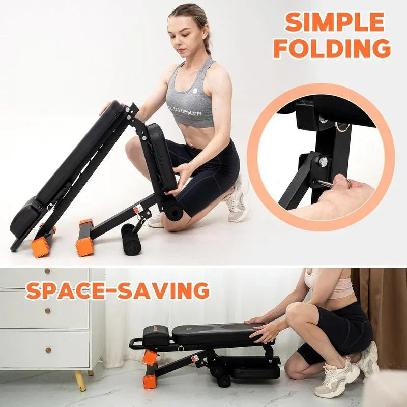 Woman folding adjustable workout bench, demonstrating space-saving home gym equipment.