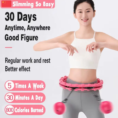 Woman demonstrating smart weighted hula hoop fitness equipment, calorie-burning workout text overlay