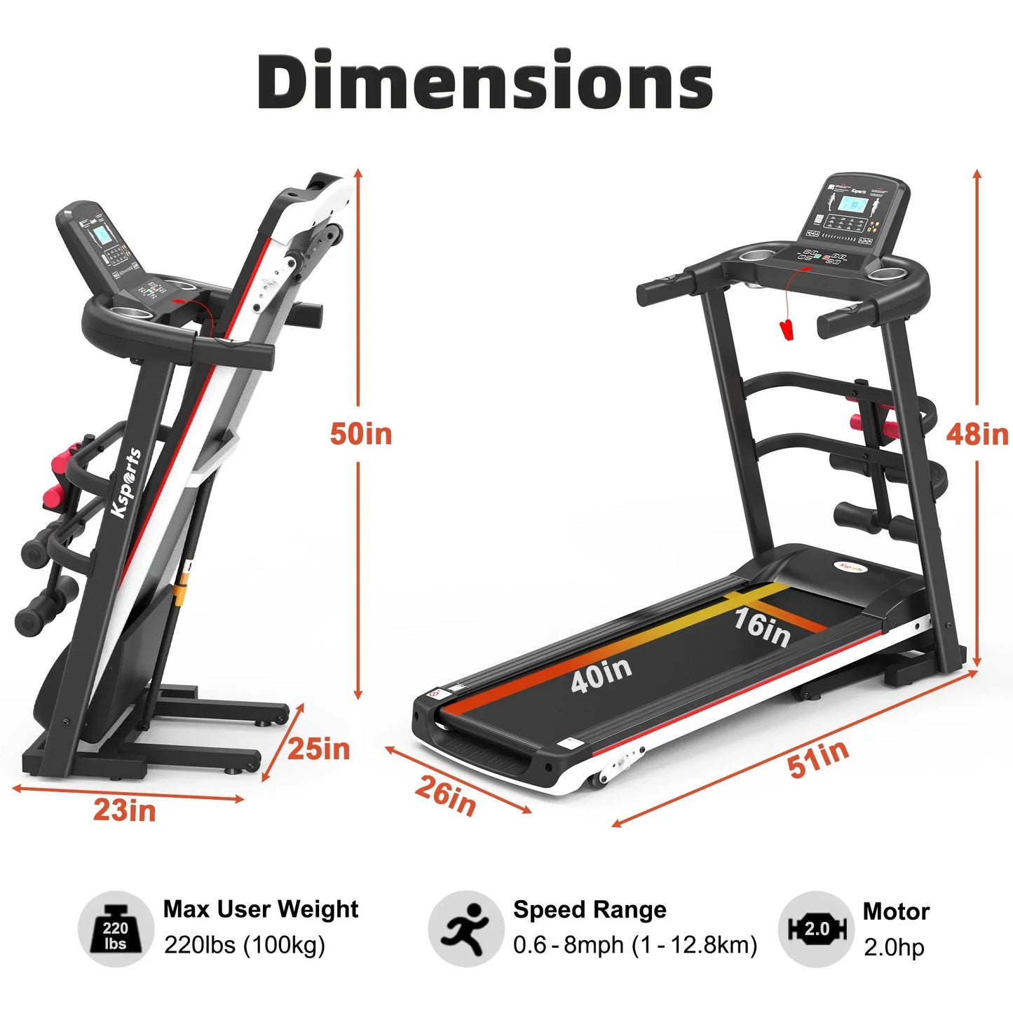 Folding treadmill with digital console, dimensions and features listed for home gym use